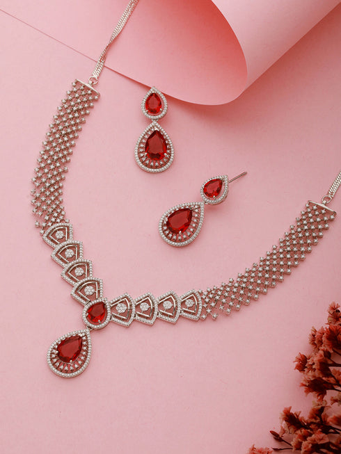 Silver Plated Red AD Studded Geometric Statement Necklace Jewellery Set