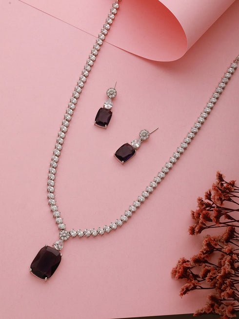 Silver Plated Amethyst Purple AD Long Single Line Statement Pendant Jewellery Set