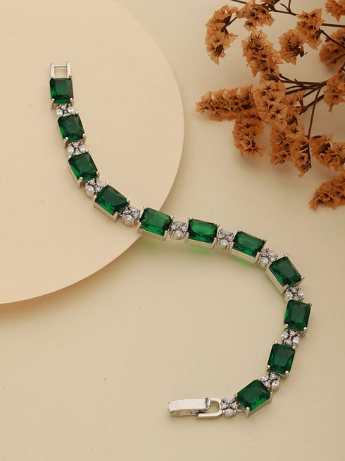 Silver Toned Emarald Green CZ Studded Minimal Link Tennis Bracelet