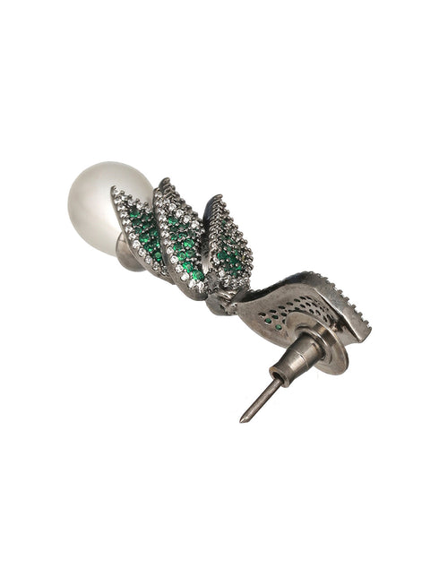Silver Toned Green AD & Pearl Beaded Luxe Designer Drop Earring