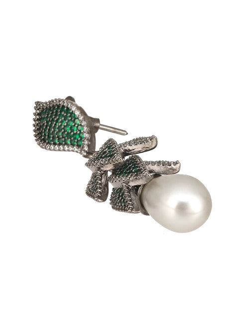 Silver Toned Green AD & Pearl Beaded Luxe Designer Drop Earring