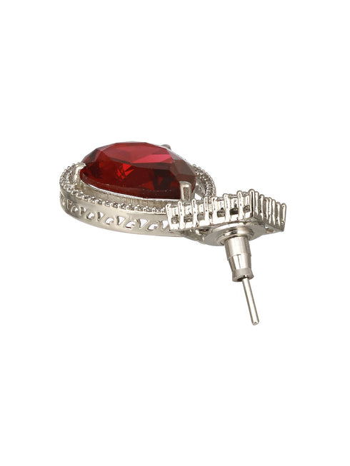 Silver Plated Red AD Studded Geometric Drop Designer Earrings