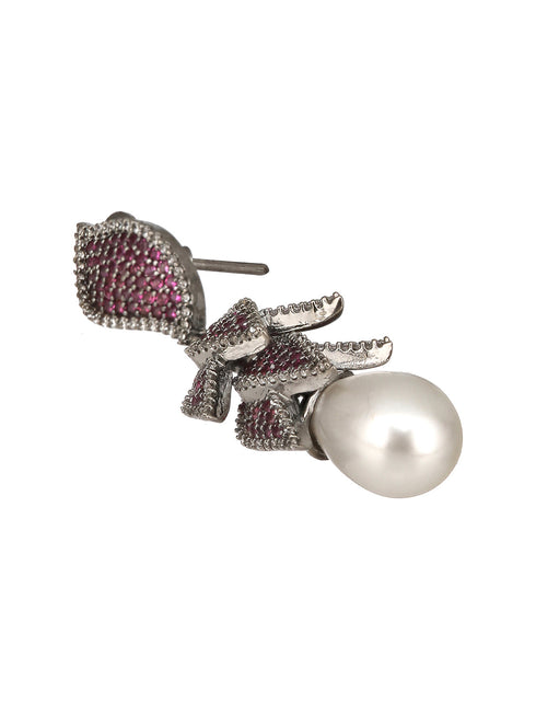 Silver Plated Red Cubic Zircon & Pearl Beaded Luxe Floral Dangler Earring