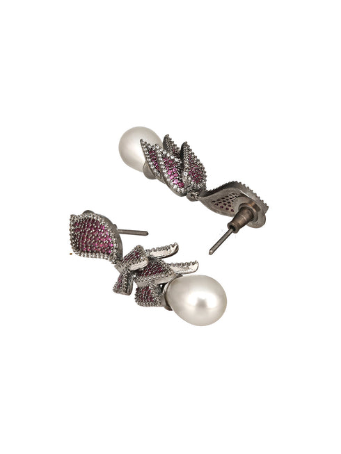 Silver Plated Red Cubic Zircon & Pearl Beaded Luxe Floral Dangler Earring