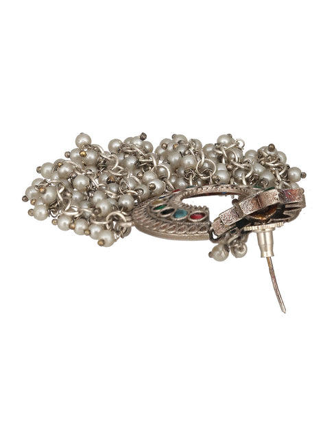 Oxidised Silver Plated Nav Ratan Stoned & Pearl Beaded Chanbali Chandelier Earrings