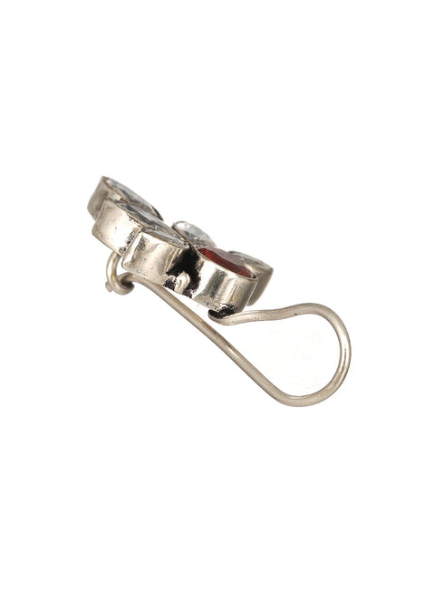 Oxidised Silver Toned Red Garnet Minimal Officewear Fish Hook Earrings