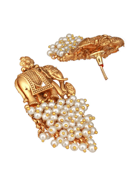 Gold Plated Elephant Motif Pearl Beaded Designer Earrings Necklace Jewellery Set