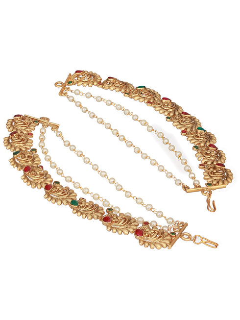 Gold Plated Multi Strand Layered Pearl Beaded Peacock Design Matil Ear Chain Earrings