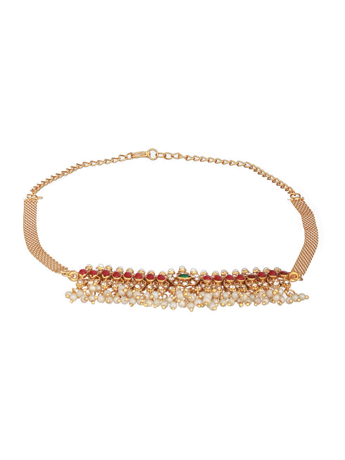 Gold Plated Jadau Studded Pearl Beaded Multicoloured Delicate Chain Choker Jewellery Set