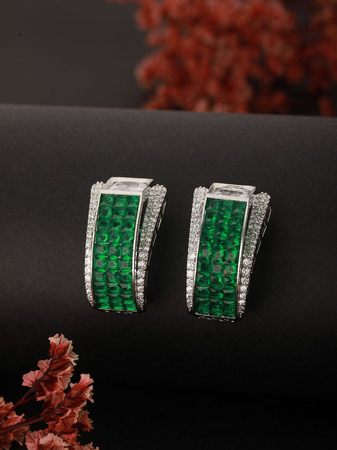 Rhodium Green Emerald Cubic Zirconia Luxe Hoop Studds Earring