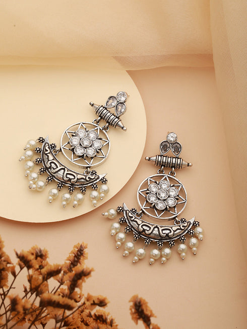Oxidised Silver Toned AD Stone Studded Minimal Chandbali Chandelier Earrings