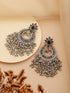 Oxidised Silver Plated Nav Ratan Stoned & Pearl Beaded Chanbali Chandelier Earrings