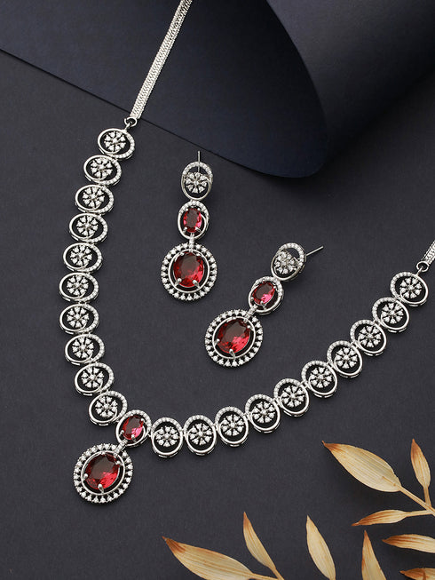 Rhodium Red Ruby Zircon Studded Delicate Contemporary Necklace Jewellery Set