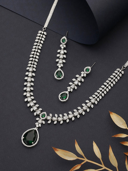 Rhodium Green Emerald Bagatte Zircon Studded Occasionwear Pendant Jewellery Set