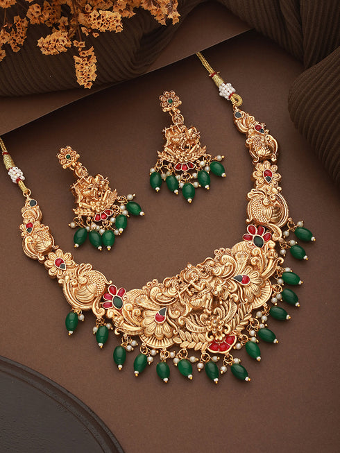 Gold Plated Jadau Divine Radha Krishna Temple Necklace Jewellery Set