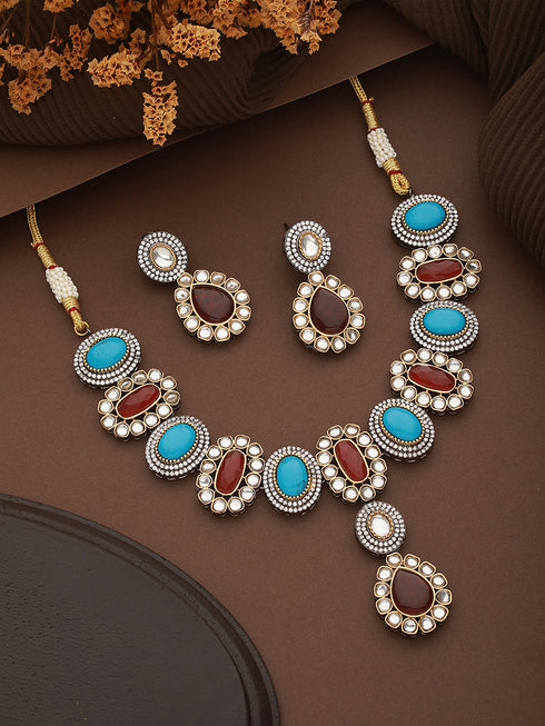 Victorian Polish Maroon & Turquoise Kundan Studded Floral Necklace Jewellery Set