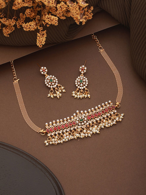 Gold Plated Jadau Studded Pearl Beaded Multicoloured Delicate Chain Choker Jewellery Set