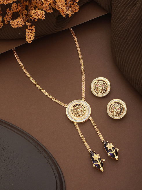 Gold Plated Amethyst AD Studded Lion Motif Designer Chain & Necklace Jewellery Set