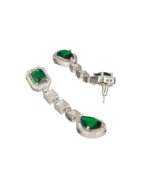 Silver Toned Green Zircon Studded Double Lined Designer Luxe Necklace Jewellery Set
