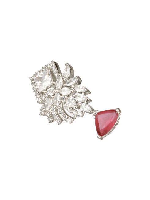 Silver Toned Red Ad Studded Minimal Quirky Drop Earring