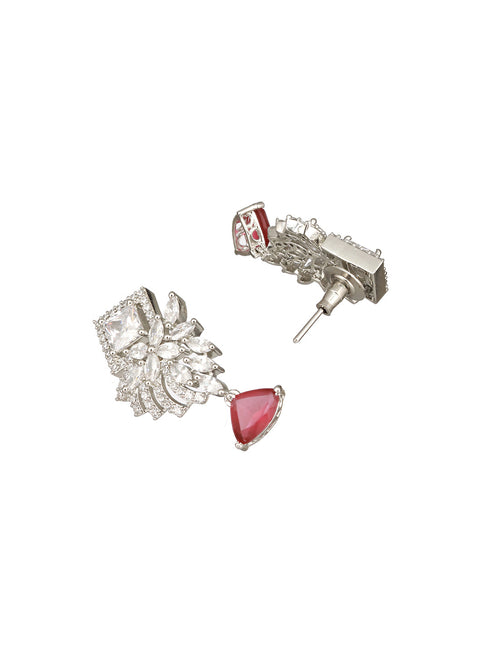 Silver Toned Red Ad Studded Minimal Quirky Drop Earring