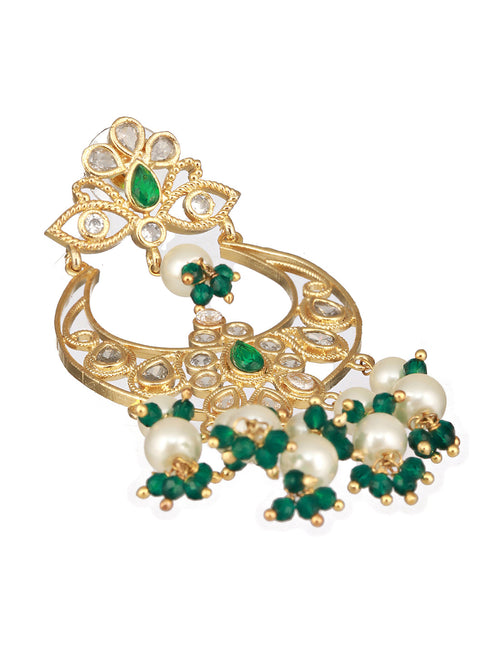Gold Plated Green Zircon Pearl Beaded Kundan Crescent Danglers Chandbali Earrings