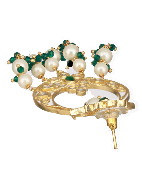 Gold Plated Green Zircon Pearl Beaded Kundan Crescent Danglers Chandbali Earrings