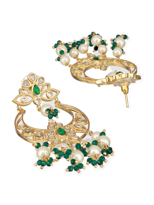 Gold Plated Green Zircon Pearl Beaded Kundan Crescent Danglers Chandbali Earrings