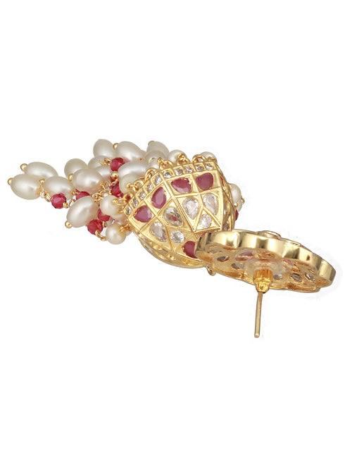 Gold Plated Red AD Pearl Beaded Contemporary Long Jhumka Earrings