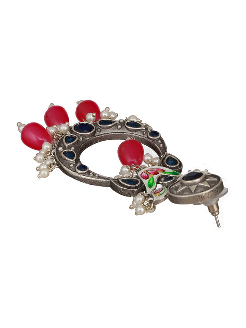 Silver Oxidised Pearl Beaded Hand Painted Crescent Chandbali Earrings