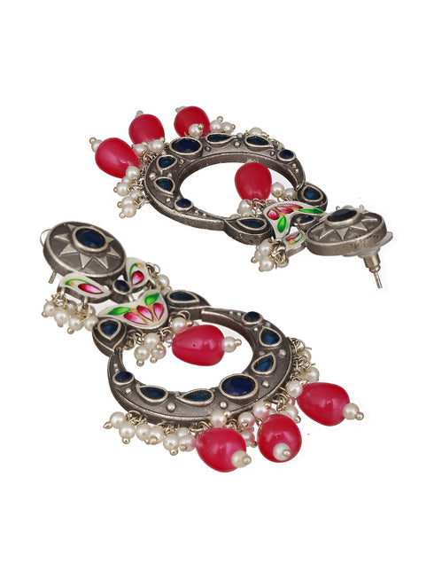 Silver Oxidised Pearl Beaded Hand Painted Crescent Chandbali Earrings