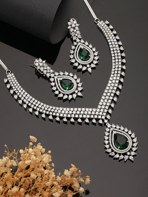 Silver Toned Green Emerald Studded Designer Bridal Necklace Jewellery Set