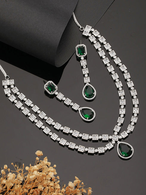 Silver Toned Green Zircon Studded Double Lined Designer Luxe Necklace Jewellery Set