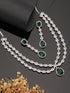 Silver Toned Green Zircon Studded Double Lined Designer Luxe Necklace Jewellery Set