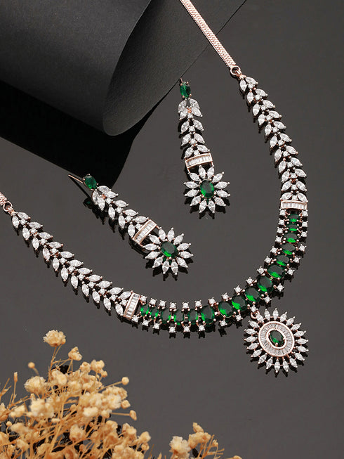 Rose Polish Green Emerald Studded Minimal Floral Pendant Necklace Jewellery Set