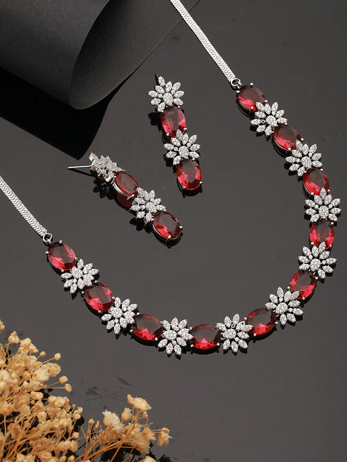 Silver Plated Red ADStudded Designer Floral Design Jewellry Set