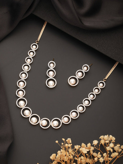 Gold Toned Pearl Beaded Designer Minimal Necklace Jewellery Set