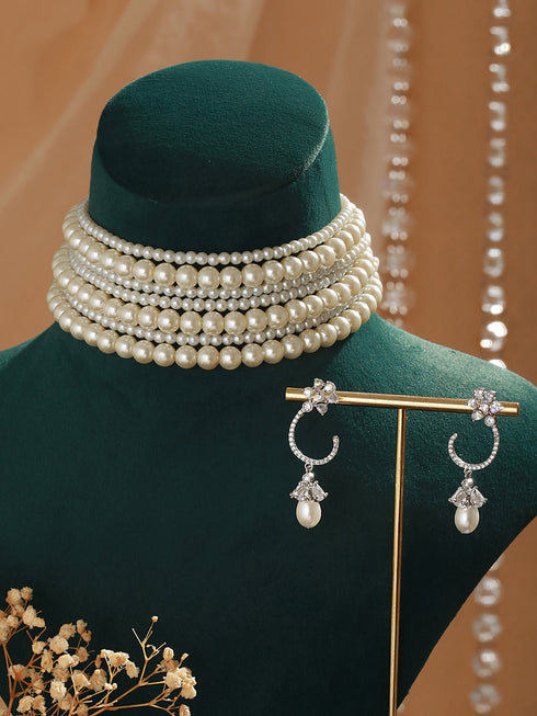 Pearl Beaded 7 Layered Minimal Luxe Choker with AD Earrings Jewellery Set