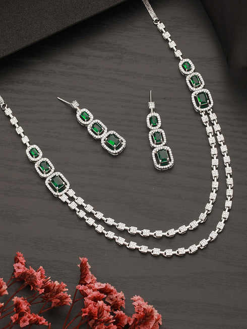 Silver Plated Green Zircon Studded Double 2 Lined Bridal Luxe Jewellery set
