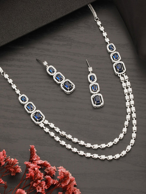 Silver Plated Blue Zircon Studded Double Lined Bridal Designer Jewellery set
