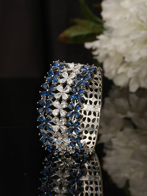 Silver Toned Blue Sapphire AD Studded Designer Bridal Kada Bracelet