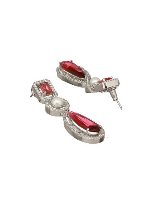 Silver Rhodium Red Zircon Pearl Beaded Designer Necklace Jewellery Set
