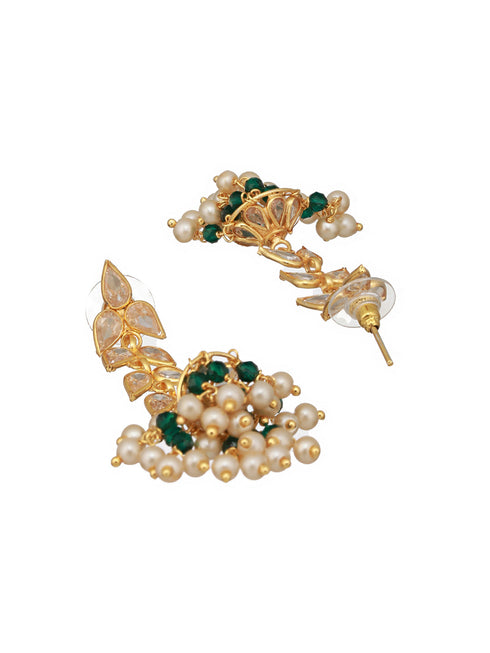 24K Gold Plated Zircon Studded Pearl Beaded Dropdown Minimal lightweight Jhumka Earrings