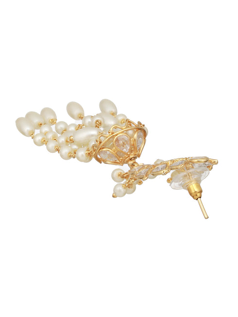 24K Gold Plated Kundan Studded Pearl Beaded Dropdown Minimal Lightweight Earring