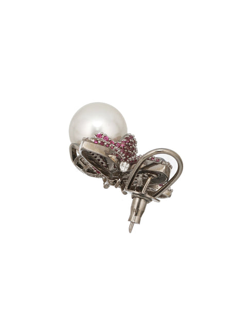 Silver Plated Red AD & Pearl Studded Luxe Designer Floral Designer Earrings