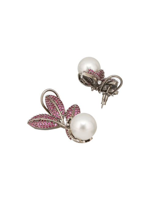 Silver Plated Red AD & Pearl Studded Luxe Designer Floral Designer Earrings