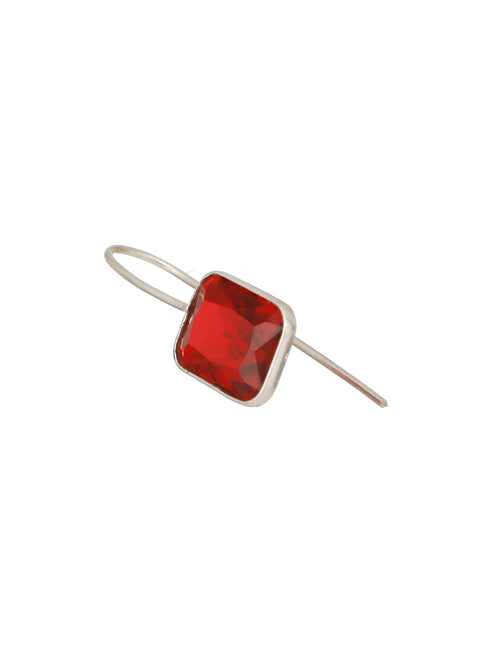 Silver Toned Oxidised Ruby Red Solitaire Minimal Fish Hook Earrings