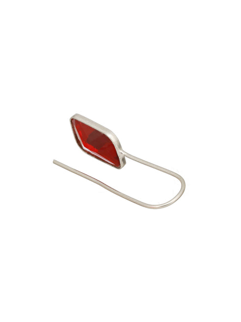 Silver Toned Oxidised Ruby Red Solitaire Minimal Fish Hook Earrings