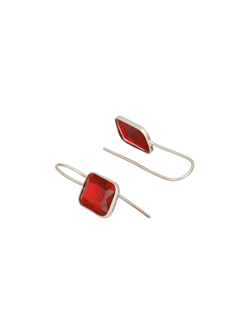 Silver Toned Oxidised Ruby Red Solitaire Minimal Fish Hook Earrings
