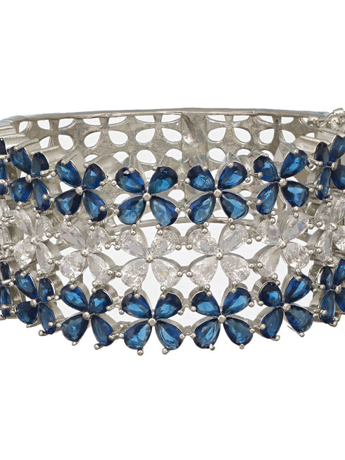 Silver Toned Blue Sapphire AD Studded Designer Bridal Kada Bracelet